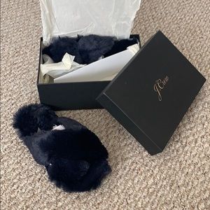 Navy Blue J. Crew Faux Fur Slippers Size 8 NWT